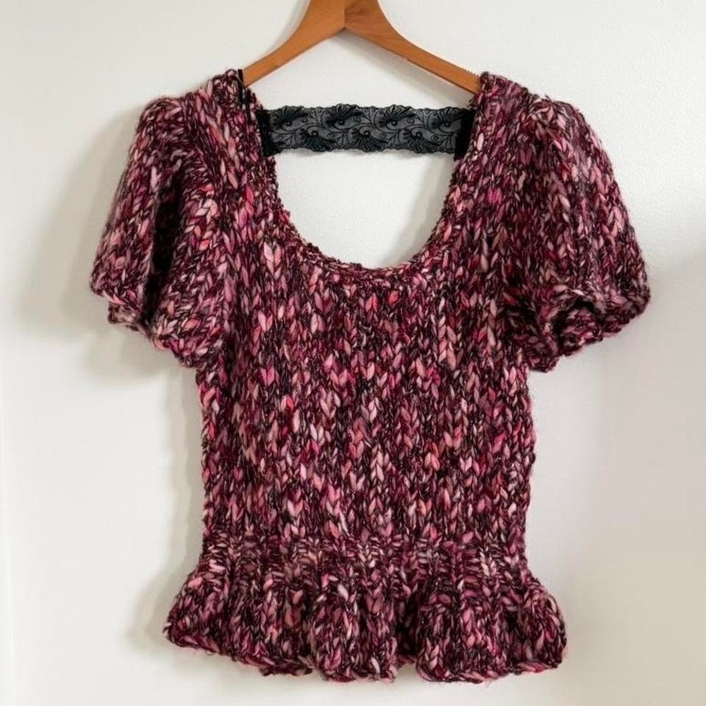 Betsey Johnson Vintage Pink Chunky Knit Puff Sleeve Peplum Top Y2K